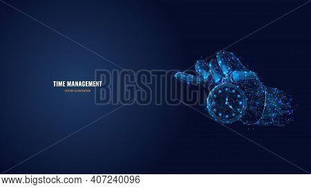 Digital Vector 3d Hand Holding Clock Or Stopwatch In Dark Blue. Time Management, Planning, Life Cont