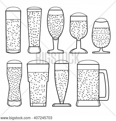 Craft Beer Mugs And Glasses Set. Outline And Transparent Vector Clipart. Illustrations On Clear Whit