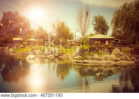 Japanese Garden With Reflecions In The Pond At Sunset In La Serena, Chile
