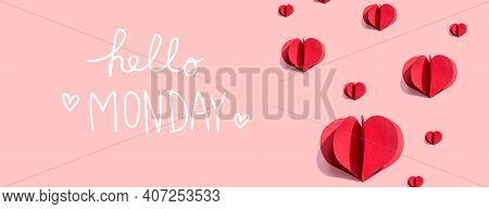 Hello Monday Message With Red Paper Hearts - Flat Lay