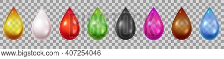 Realistic Liquid Drops. 3d Droplets Of Water, Blood, Green And Black Tea, Cream, Petrol And Oil. Pin