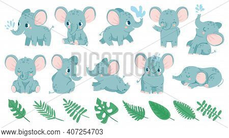 Baby Elephants. Cute Cartoon Animal And Tropical Leaves. Baby Shower Elephant Sleeps, Sits And Does 