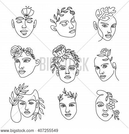 Female Face Line With Flowers. Continuous Lines Art With Woman Minimalist Portraits With Bouquet In 