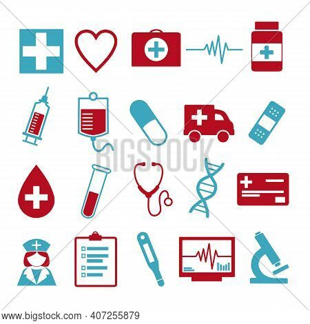 Vector Icons Set For Creating Infographics Related To Medicine And Health, Like Pill, Syringe, Nurse