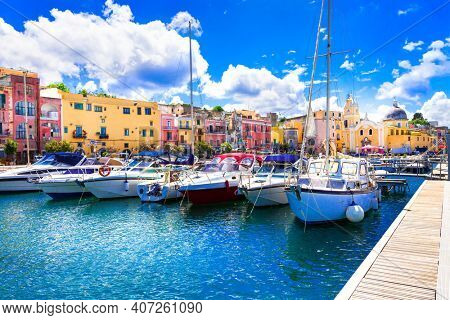 Colorful charming island Procida with traditional wooden fishing boats. Italy May 2013