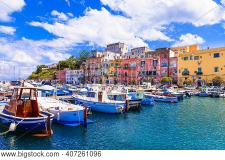 Colorful charming island Procida with traditional wooden fishing boats. Italy May 2013