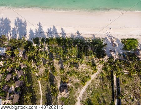 Aerial Top View On Paje Beach With Palm Trees Shadows At Evening Time. Paje Village, Zanzibar, Tanza