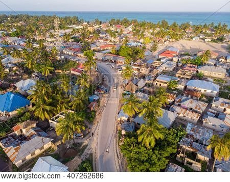 Aerial View On Township Poor Houses Favelas In Paje Village, Zanzibar, Tanzania, Africa