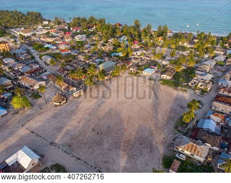 Aerial View On Township Poor Houses Favelas In Paje Village, Zanzibar, Tanzania, Africa