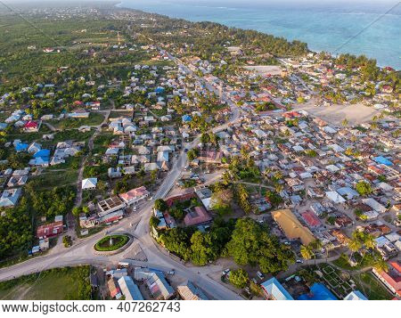 Aerial View On Township Poor Houses Favelas In Paje Village, Zanzibar, Tanzania, Africa