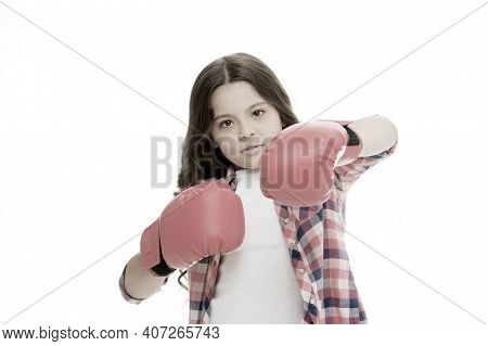 Girl Power Concept. Kid Boxing Gloves Isolated White. Child Boxer Defend Herself. Sport Activity. Bo