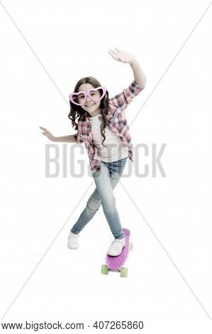 Lets Have Fun. Kid Having Fun With Penny Board. Child Smiling Face Stand Skateboard. Penny Board Cut