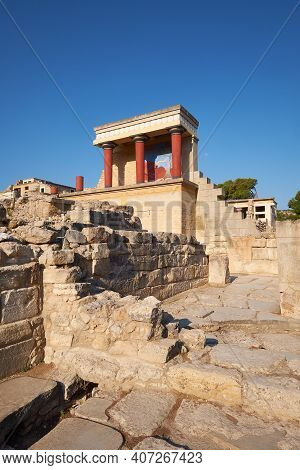 The North Portico In Knossos, Crete In Greece. Excavations Of Knossos Town Is The Biggest Bronze Age
