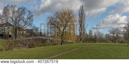 Small Footbridge Over The Nidda River In Frankfurt-hoechst, Germany