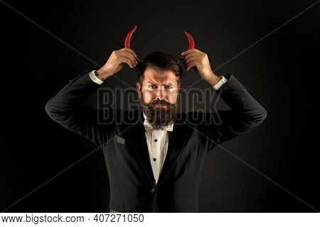Extra Strong. Pepper Harvest Industry. Peppery Man With Devil Horns. Happy Bearded Businessman Has P