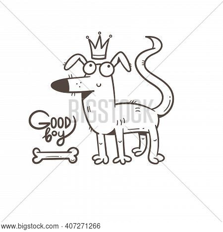 Card With Cute Cartoon Dog. Funny Puppy And Bone. Good Boy. Vector Print With Joyful Animal.