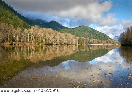 Squamish River Reflection. The View Looking Over The Squamish River On A Calm Morning.