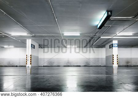 Car Parking Lot Floor Area Of Shopping Mall, Perspective View Empty Of Car Park Structure Building A