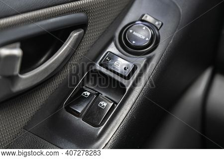 Novosibirsk, Russia - February 07 2021: Hyundai Starex, Side Door Buttons: Window, Mirror Adjustment