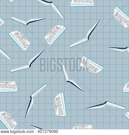 Seamless Pattern With Books On Squared Grig Paper. Back To School. Book Colorful Background. Flat Il