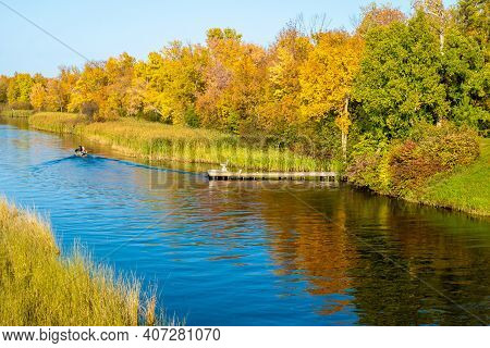 Mississippi River In Bemidji Minnesota Near Highway 2. This Beautiful Autumn Landscape Scene Is A Fe