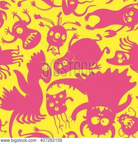 Seamless Background With Funny Cartoon Fantasy Monsters