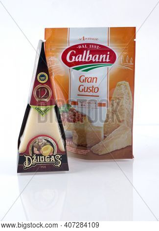 Prague, Czech Republic - August 29, 2020. Gran Gusto traditions of the Italian brand Galbani, Italy. Legendary Cheese Dziugas is unique hard Lithuanian cheese.
