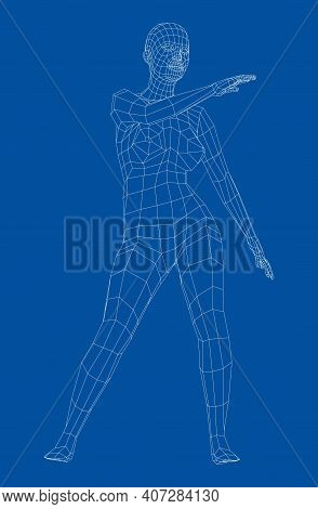 Wireframe Ballerina Or Dancer In Dance Pose. Vector 3d Rendering