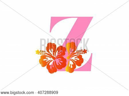 Monogram Initials Letter Z With Hibiscus Flower On White Background.