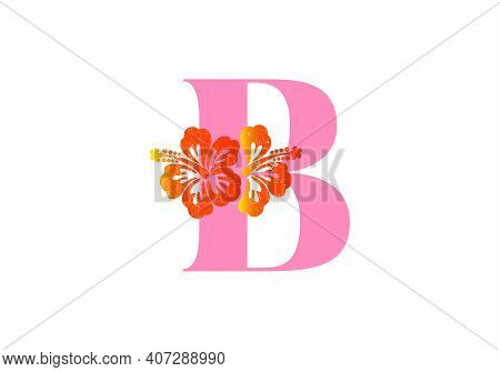Monogram Initials Letter B With Hibiscus Flower On White Background.