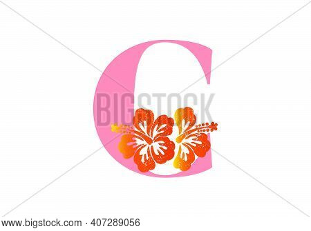 Monogram Initials Letter C With Hibiscus Flower On White Background.