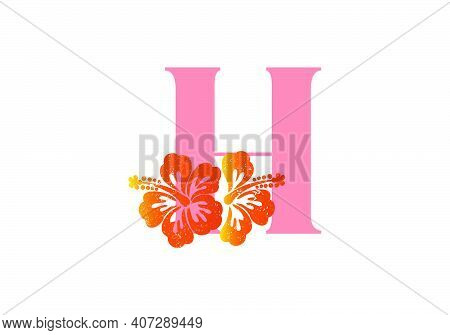 Monogram Initials Letter H With Hibiscus Flower On White Background.