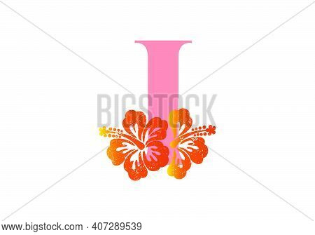 Monogram Initials Letter I With Hibiscus Flower On White Background.