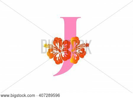 Monogram Initials Letter J With Hibiscus Flower On White Background.
