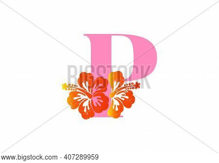Monogram Initials Letter P With Hibiscus Flower On White Background.