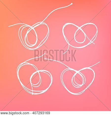 Set Of Traced Thread Hearts For Valentines Day Decoration. Symbol Of Romantic Love. Outline Abstract