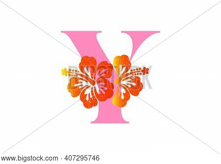 Monogram Initials Letter Y With Hibiscus Flower On White Background.
