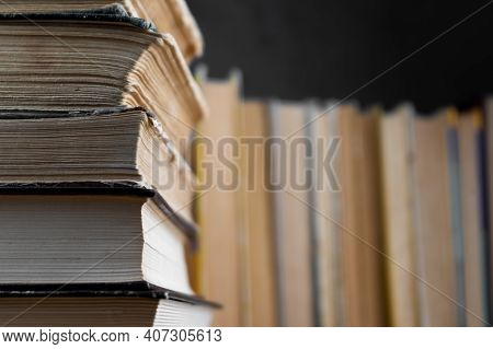 Book Background. Old Books In The Library. Bookshelf Shop. Knowledge, Publications, Literature. Book