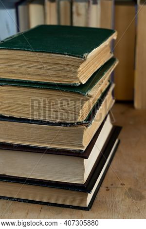 Book Background. Old Books In The Library. Bookshelf Shop. Knowledge, Publications, Literature. Book