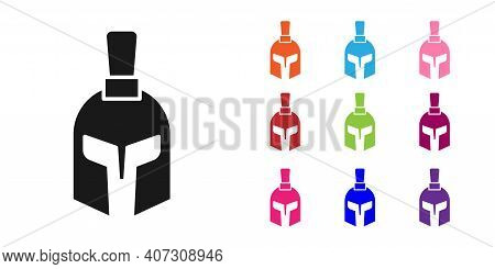 Black Greek Helmet Icon Isolated On White Background. Antiques Helmet For Head Protection Soldiers W
