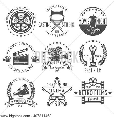 Movies Black White Emblems Set With Reel Chair Clapper Megaphone Award Projector And Inscriptions Is