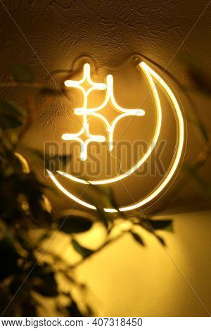 Neon Sign Moon And Stars. Trendy Style.  Neon Sign. Custom Neon. Home Decor. Good Night.