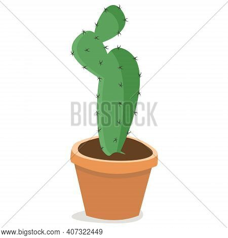 Tall Cactus In Orange Pot; Home Potted Plant; Vector Illustration.