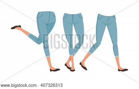 Slim Girl Legs In Denim Breeches In Various Poses Set, Female Person Character Creation Detail Carto