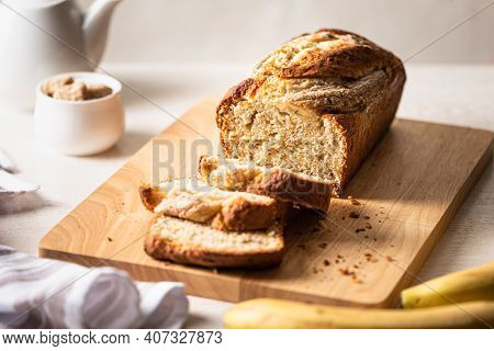 Fresh Homemade Banana Bread On Light Background.