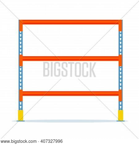 Metal Standing Rack. Empty Metallic Storage Shelves Isolated On White. Warehouse Equipment And Tools