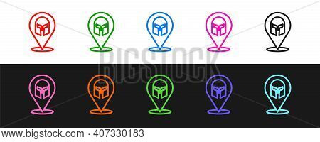 Set Line Greek Helmet Icon Isolated On Black And White Background. Antiques Helmet For Head Protecti