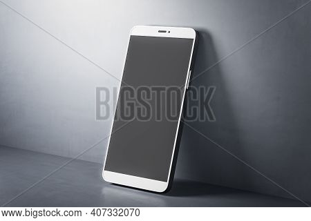Mobile Smart Phone With Black Screen On Concerete Table Background With Copy Space. Mock Up. 3d Rend