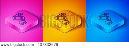Isometric Line Derailleur Bicycle Rear Speed Folding Icon Isolated On Pink And Orange, Blue Backgrou