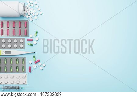 Blank Blue Mockup Background With Lots Of Pharmaceutical Medicine Pills, Tablets, Capsules And Therm